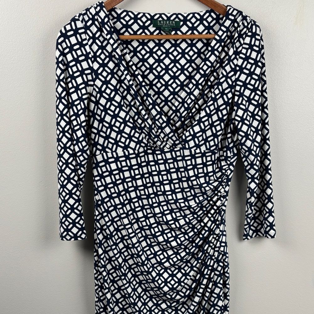 Lauren Ralph Lauren Navy & White Geometric Wrap-Style Dress size 4 long Slv